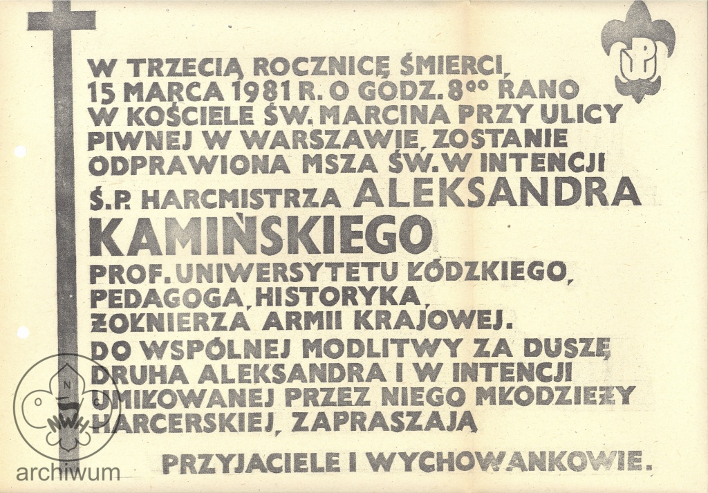 Plik:1981-03-15 Warszawa plakat o mszy w 3 rocznice smierci A Kaminskiego.jpg