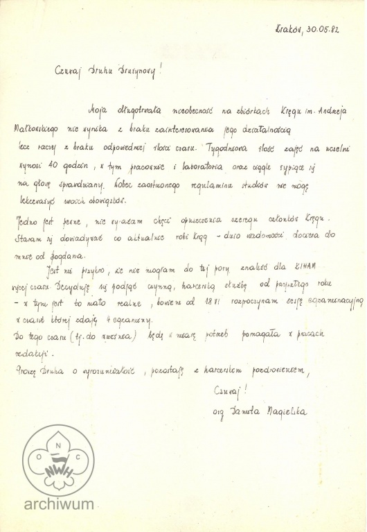 Plik:1982-0530 Krakow odpowiedz Danuty Magielskiej na pismo w sprawie potwierdzena czlonkostwa w KIHAM.jpg
