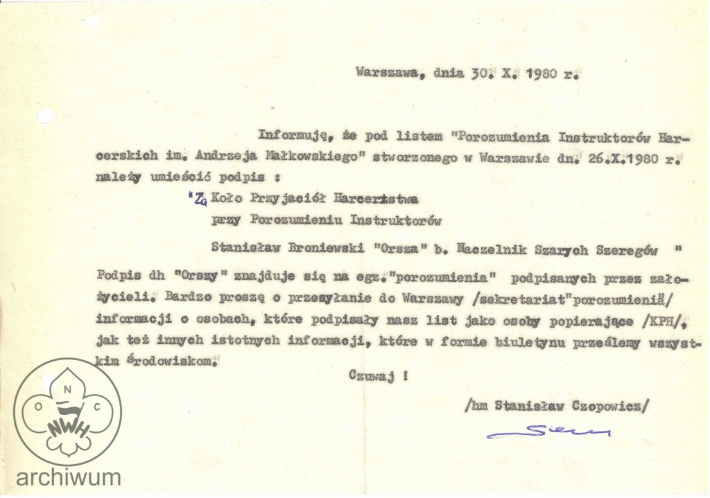 Plik:1980-10-30 Informacja o dopisaniu do listu z 26X Stanisława Broniewskiego Orszy w imieniu KPH.jpg
