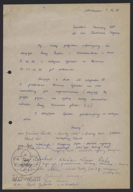 Plik:1988-12-03 List do sekretarza generalnego ZHP Kazimierza Stepana o aktualnosci terminu Zjazdu Ruchu.jpg