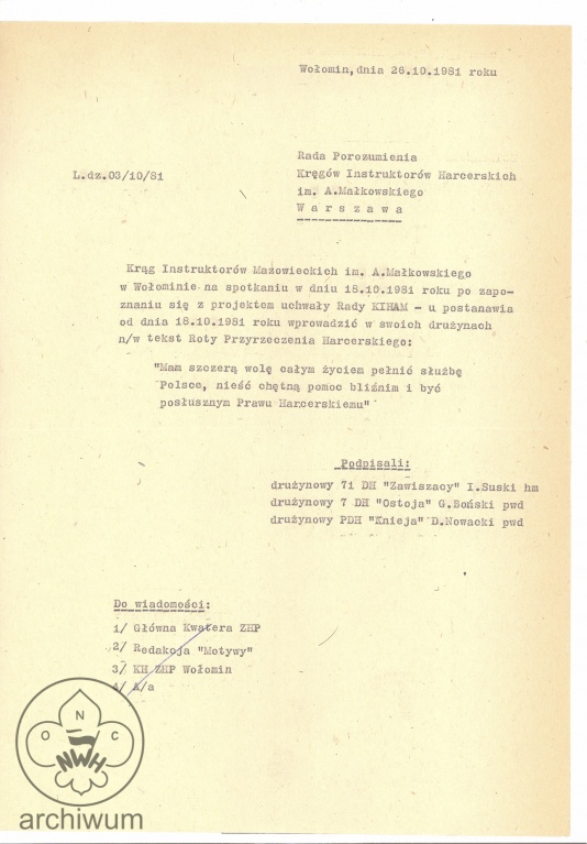 Plik:1981-10-26 Wolomin uchwala Kregu Instruktorow Mazowieckich im Malkowskiego ws roty Przyrzeczenia.jpg