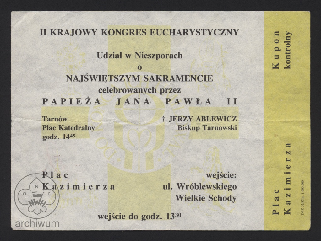 Plik:1987-06-09 Tarnów, Biała Służba, karta wstepu na nieszpory z udzialem papieża (1).jpg