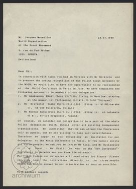 1990 List do p.Jacquesa Moreillon sekretarza generalnego WOSM ws możliwości udziału przedstawicieli harcerstwa polskiego w konferencjach skautowych.jpg
