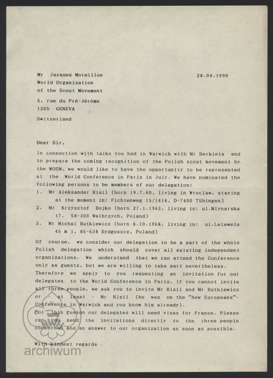 Plik:1990 List do p.Jacquesa Moreillon sekretarza generalnego WOSM ws możliwości udziału przedstawicieli harcerstwa polskiego w konferencjach skautowych.jpg