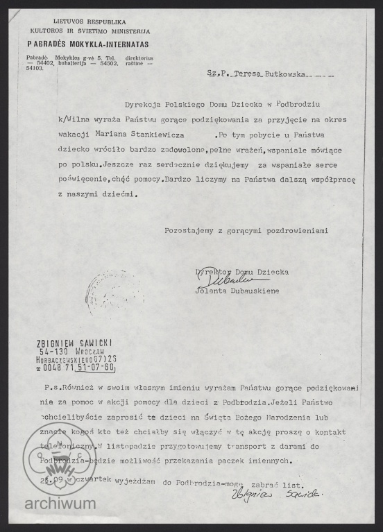 Plik:1993-09 ZHP na Litwie, Podziekowanie za pobyt w Polsce dziecka z Domu Dziecka w Podbrodziu na Litwie.jpg
