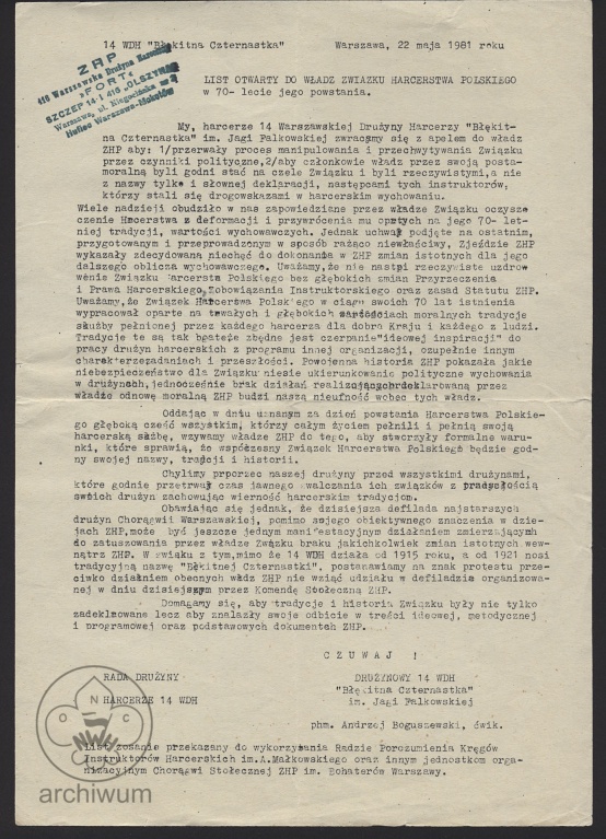 Plik:1981-05-22 Warszawa, List otwarty 14 WDH do władz ZHP w 70-lecie jego powstania.jpg