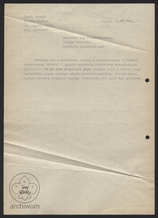 Plik:1989-11-25 Gdynia, List Jacek Zaucha do redakcji tygodnika Ład.jpg