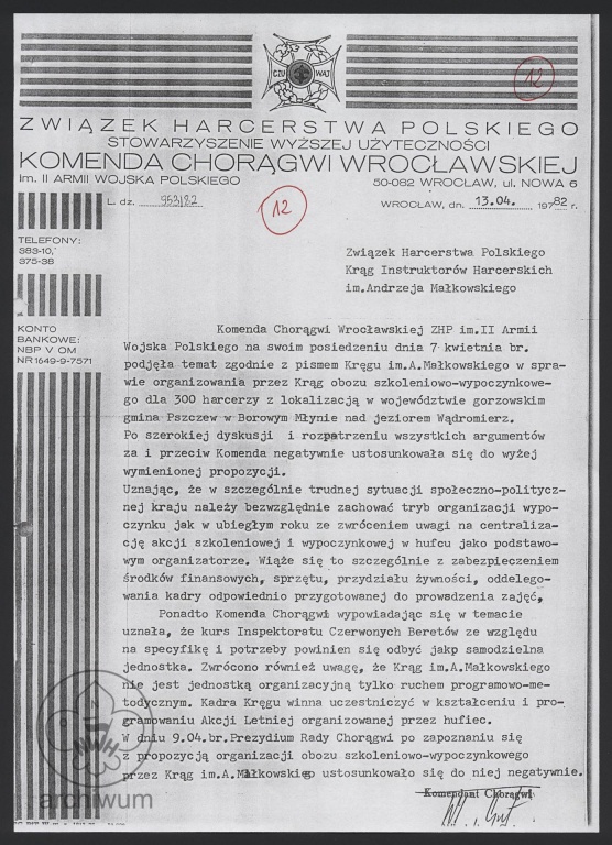 Plik:1982-04-13 Wrocław, Pismo Komendy Chorągwi ws odmowy organizacji przez KIHAM Wrocław obozu wypocz szkoleniowego na jez Wadromierz.jpg