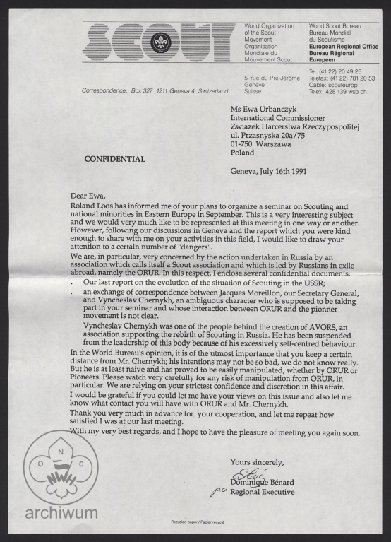 Plik:1991-06-16 Genewa, List Światowej Organizacji skautow do Ewy Urbanczyk z wydziału zagranicznego ZHR.jpg