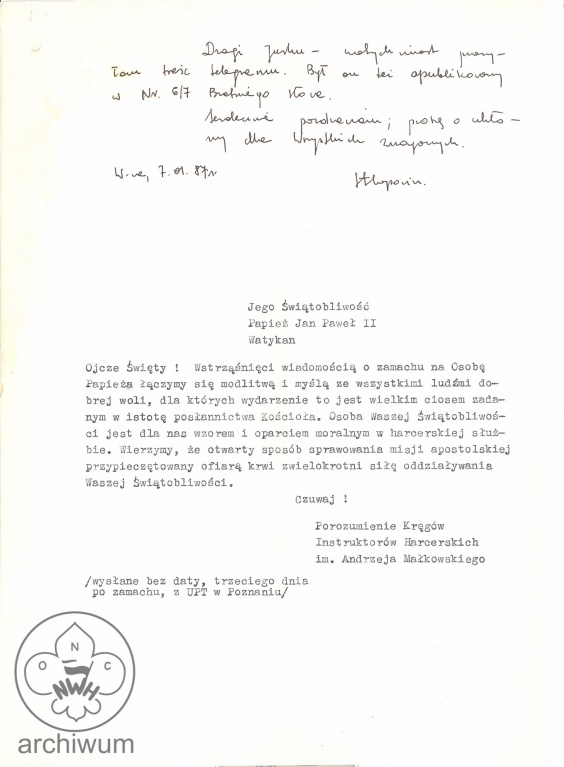 Plik:1981-05-17 Poznan odpis telegramu wyslanego piec dni po zamachu do Ojca Swietego Jana Pawla II.jpg