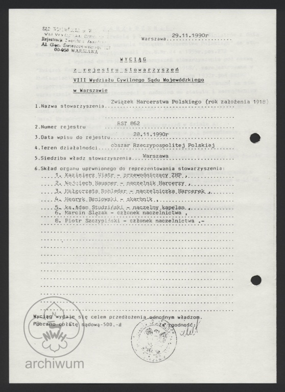 Plik:1990-11-28 Wyciag z rejestru stowarzyszen o Zwiazku Harcerstwa Polskiego rok zalozenia 1918.jpg
